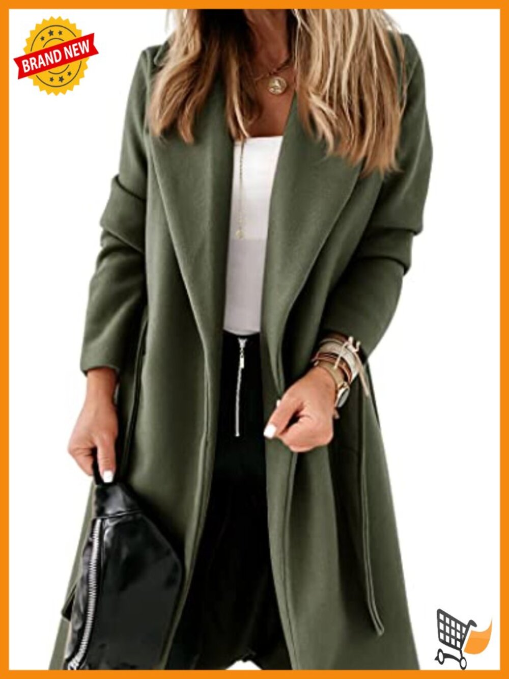 Women's Long Wool Blend Pea Coat with Belt, Lapel Collar, Open Front, Below Knee